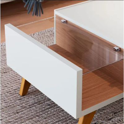 Mesa De Centro com 1 Gaveta e Vidro Noronha Off White Matte Freijó Mesa De Centro com 1 Gaveta e Vidro Noronha Off White Matte Freijó